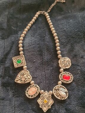 Silver-Tone Statement Necklace with Multicolor Gem Accents
